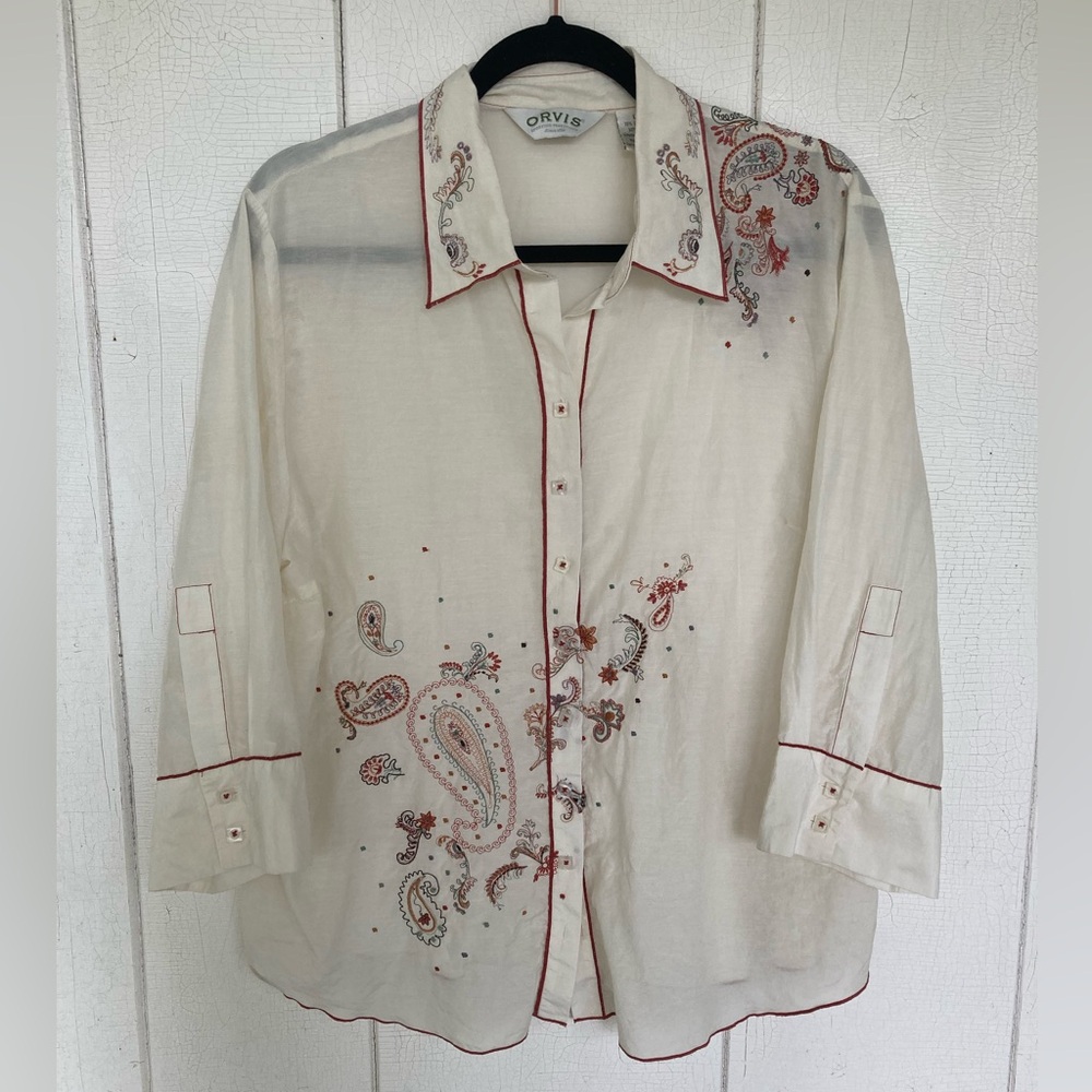 Orvis cream button down shirt with red paisley embroidery, size L